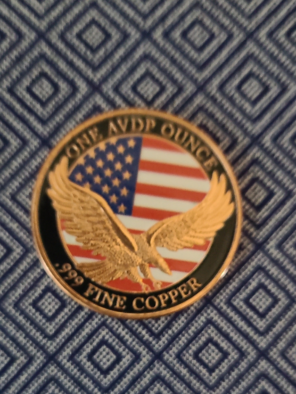 One AVDP Ounce .999 Fine Copper Eagle Round - Gold & American Flag
